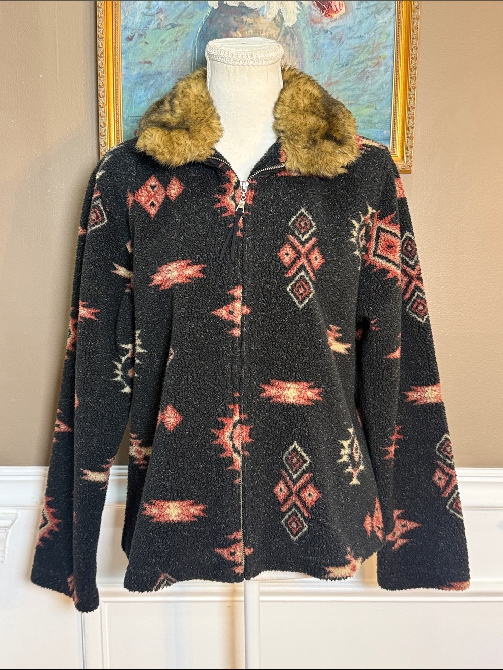 True Grit Vintage Teddy Jacket S Southwestern Faux Fur Fuzzy Zip